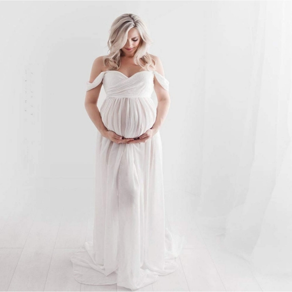 Dresses & Skirts - Maternity Chiffon Off Shoulder Gown Front Split Photoshoot White Dress
